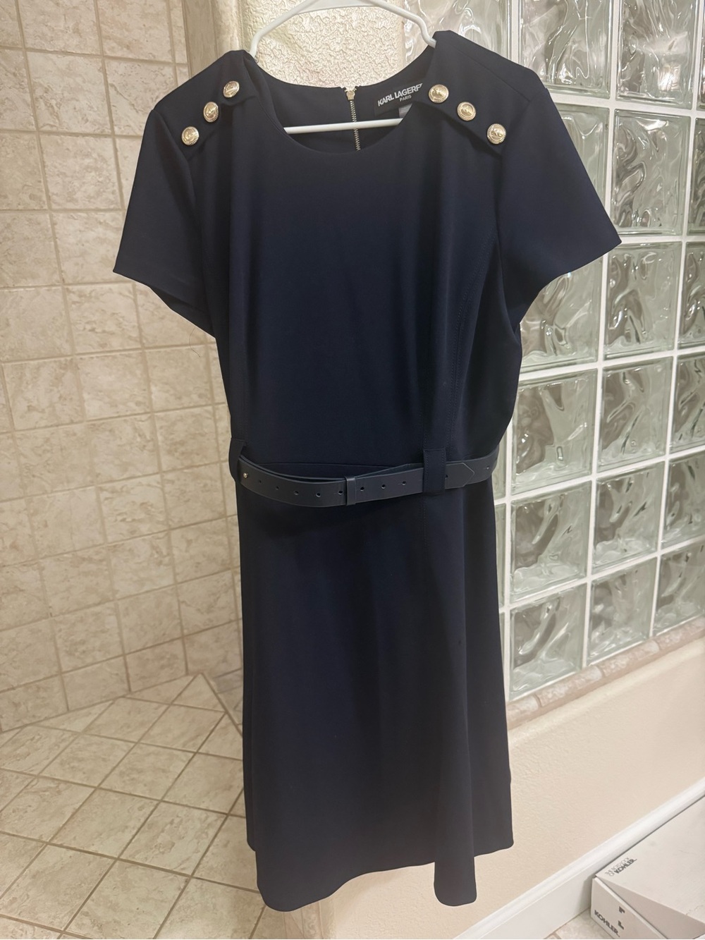 KARL LAGERFELD 14 Navy Belted Shift Dress with Gold Buttons